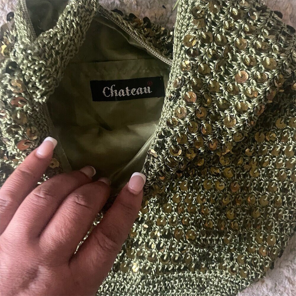 Chateau Hobo Shoulder Bag Womens Olive Green Crochet Knit Sequin Boho